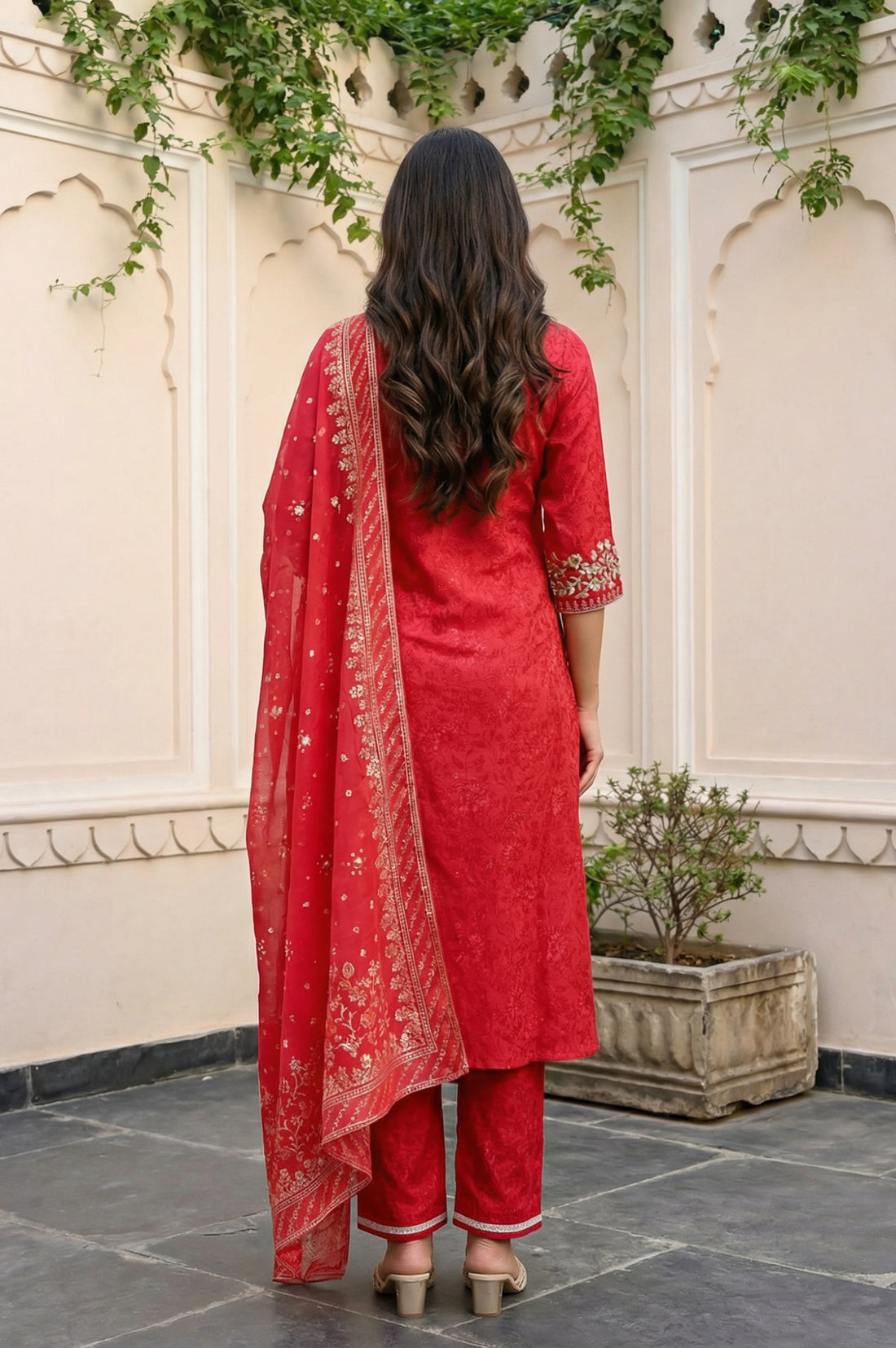 Red Floral Printed Embroidered Crepe Straight Kurta with Pants and Dupatta Set