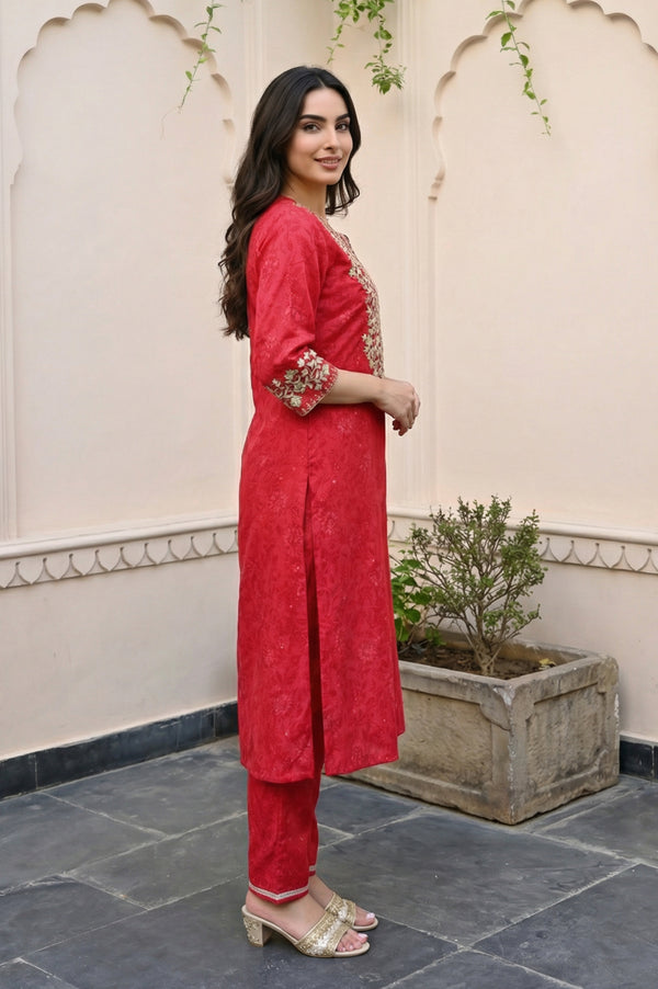 Red Floral Printed Embroidered Crepe Straight Kurta with Pants and Dupatta Set