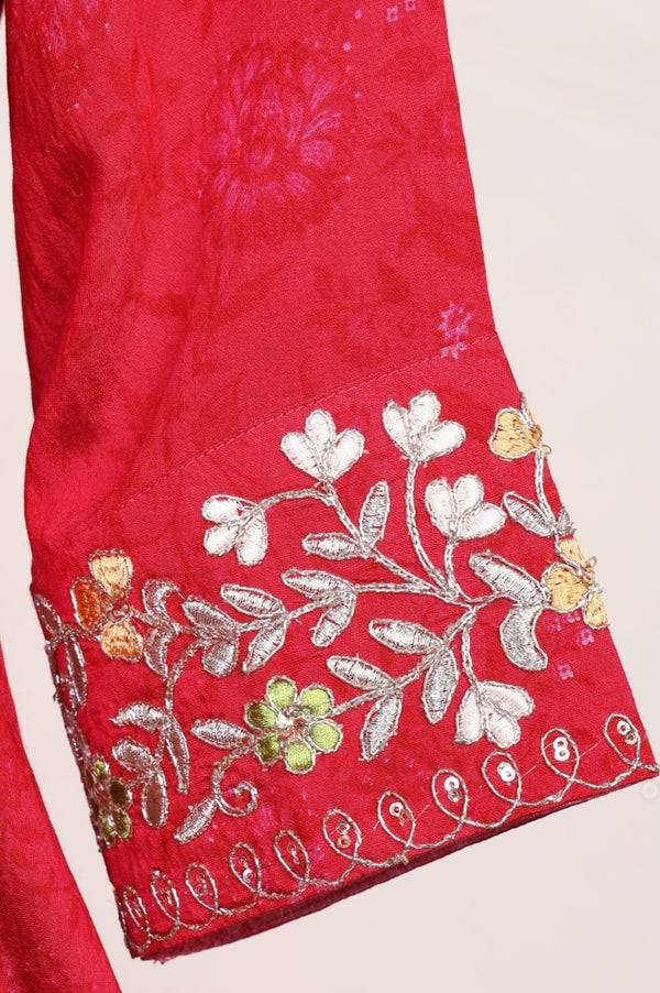 Red Floral Printed Embroidered Crepe Straight Kurta with Pants and Dupatta Set