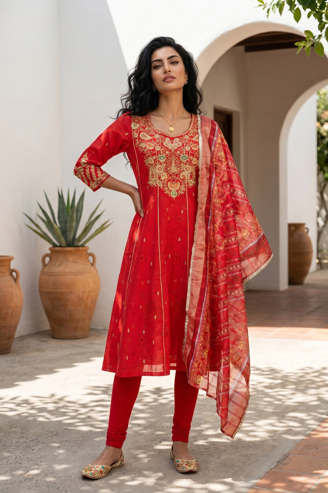 Red Zari Embroidered Chanderi Flared Kurta With Leggings and Dupatta Set