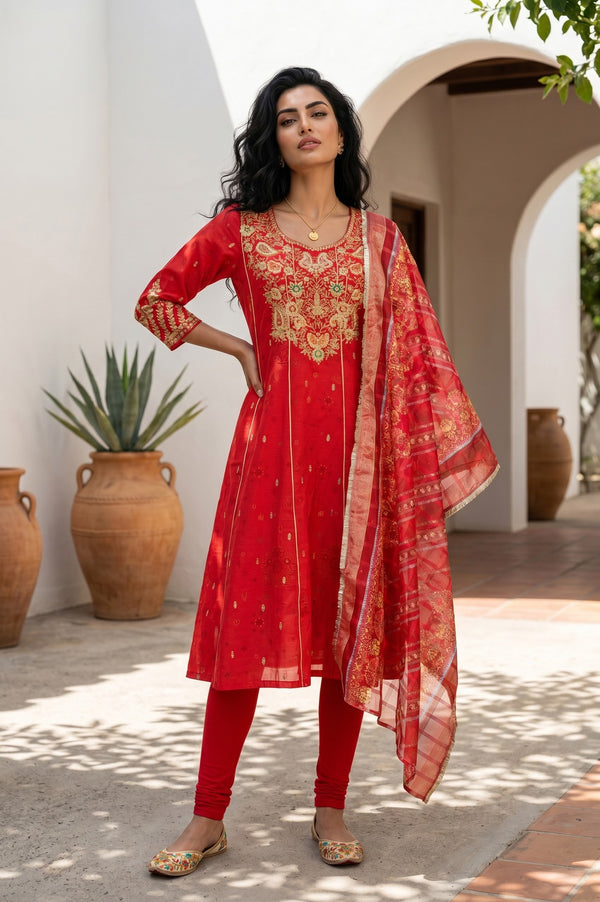 Red Zari Embroidered Chanderi Flared Kurta With Leggings and Dupatta Set