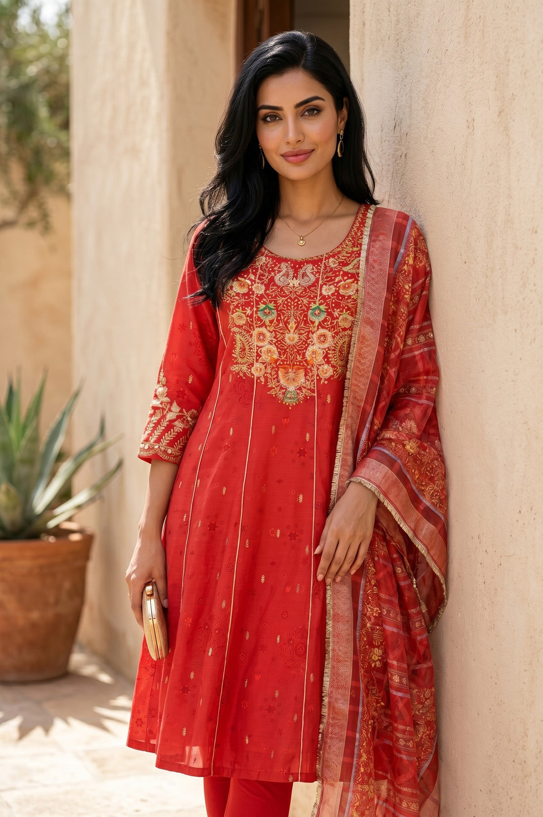 Red Zari Embroidered Chanderi Flared Kurta With Leggings and Dupatta Set