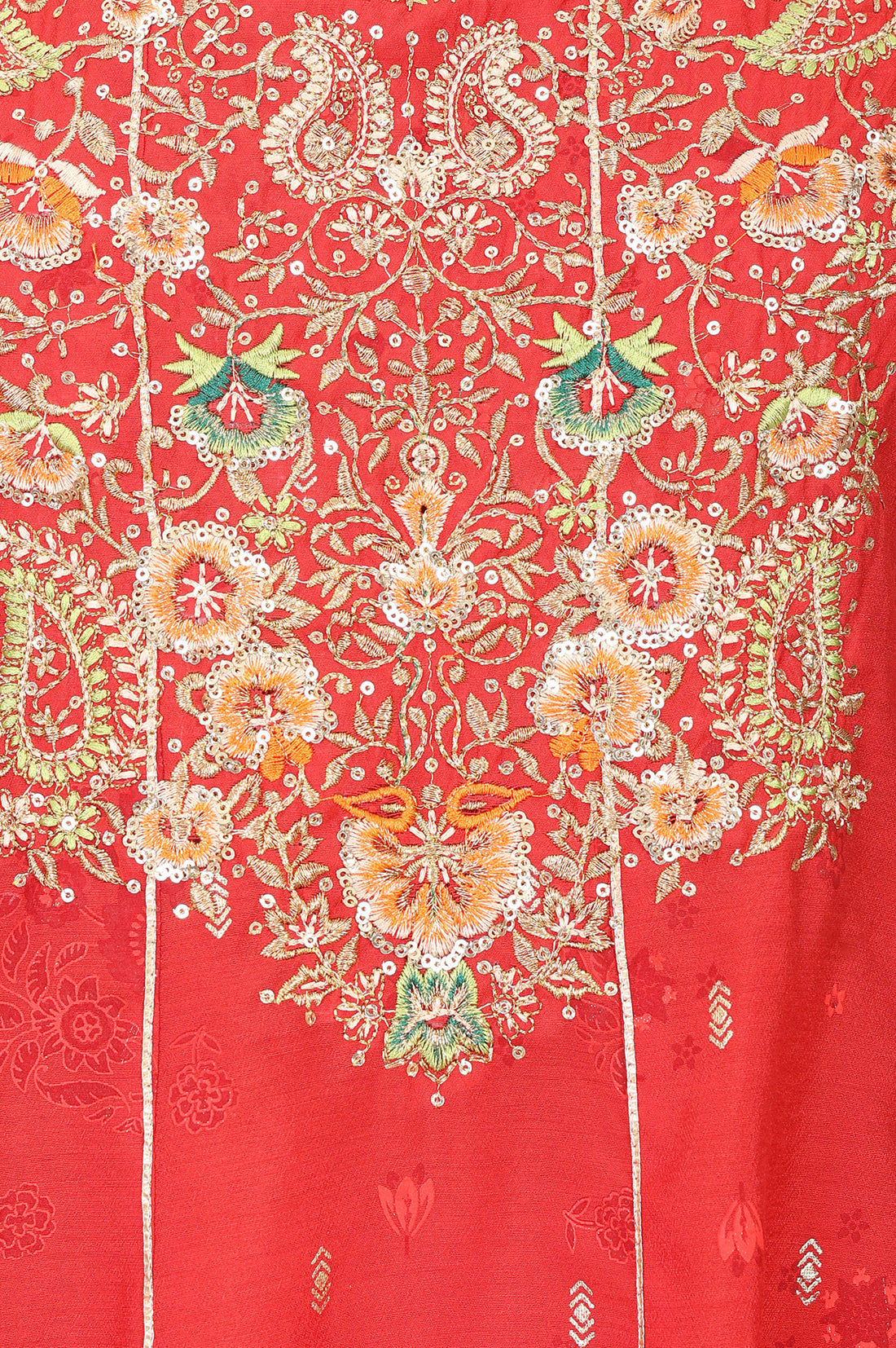 Red Zari Embroidered Chanderi Flared Kurta With Leggings and Dupatta Set