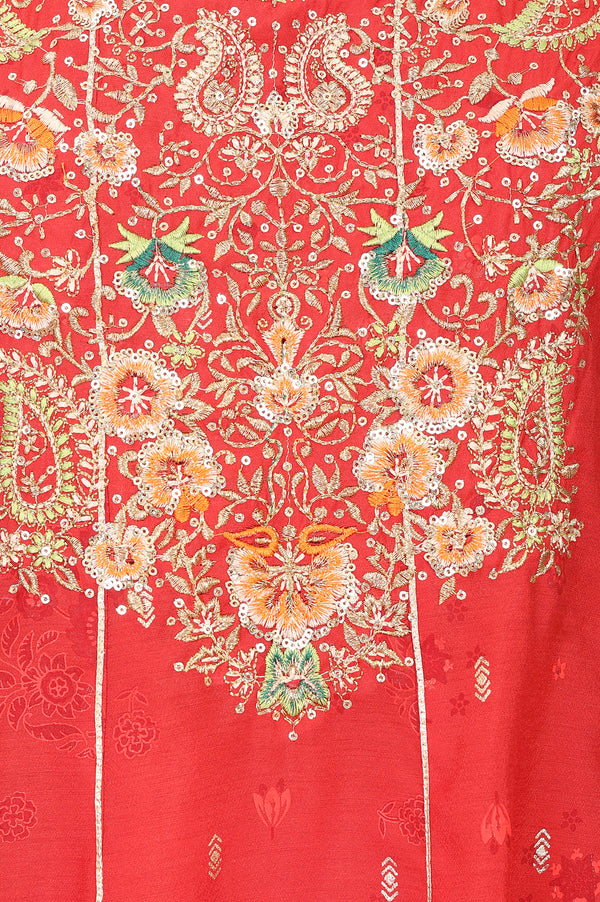 Red Zari Embroidered Chanderi Flared Kurta With Leggings and Dupatta Set