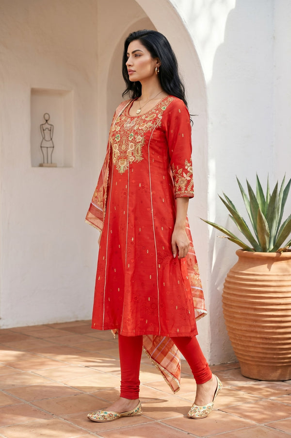Red Zari Embroidered Chanderi Flared Kurta With Leggings and Dupatta Set