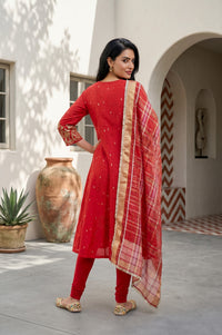 Red Zari Embroidered Chanderi Flared Kurta With Leggings and Dupatta Set
