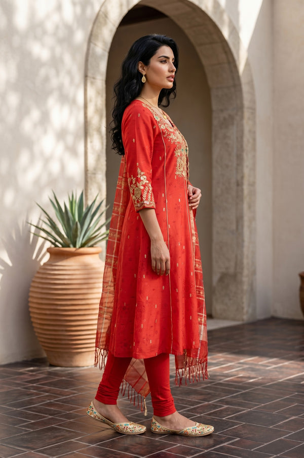 Red Zari Embroidered Chanderi Flared Kurta With Leggings and Dupatta Set