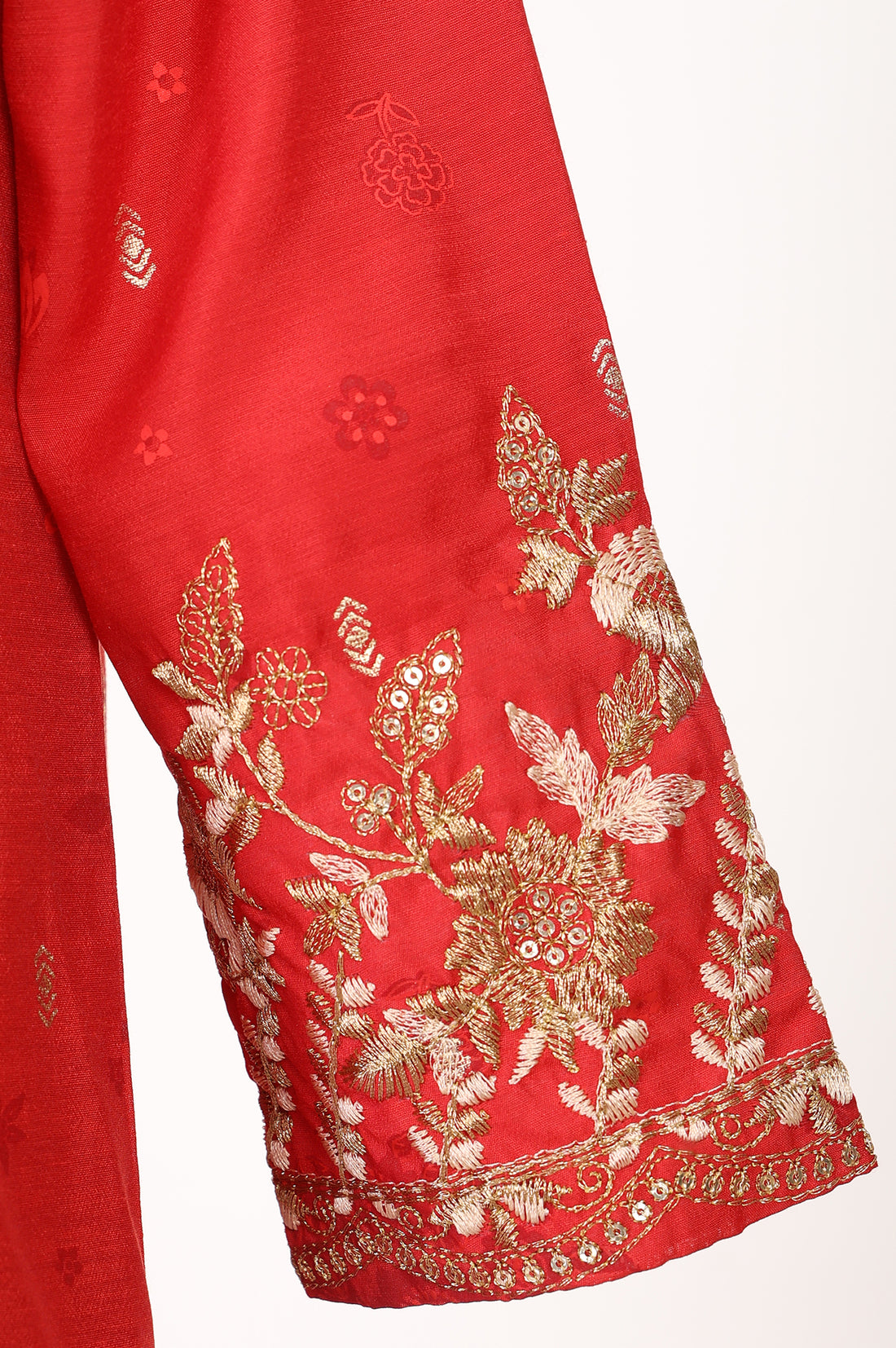 Red Zari Embroidered Chanderi Flared Kurta With Leggings and Dupatta Set