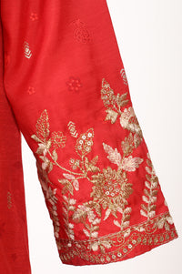 Red Zari Embroidered Chanderi Flared Kurta With Leggings and Dupatta Set