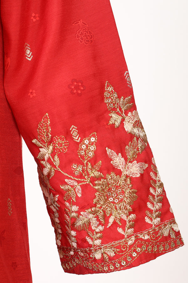 Red Zari Embroidered Chanderi Flared Kurta With Leggings and Dupatta Set