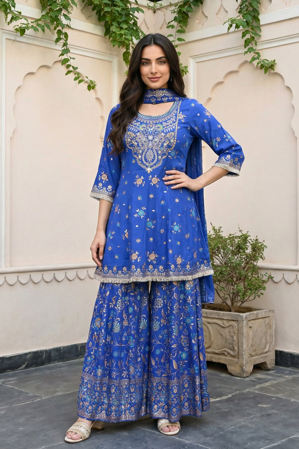 Blue Floral Printed Zari Straight Kurta with Sharara and Dupatta Set