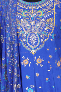 Blue Floral Printed Zari Straight Kurta with Sharara and Dupatta Set