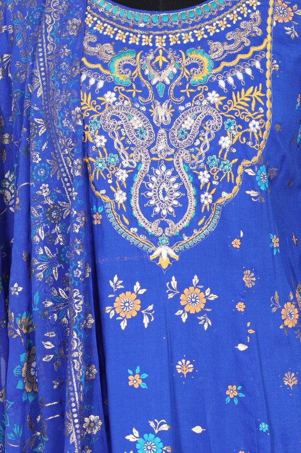 Blue Floral Printed Zari Straight Kurta with Sharara and Dupatta Set