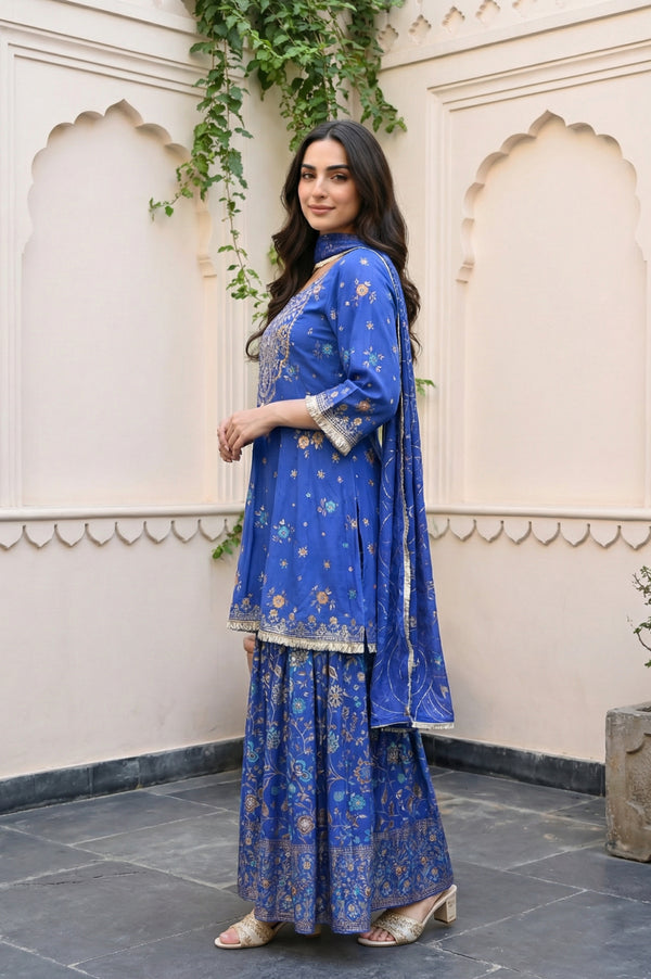 Blue Floral Printed Zari Straight Kurta with Sharara and Dupatta Set