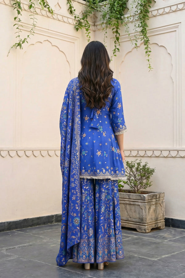 Blue Floral Printed Zari Straight Kurta with Sharara and Dupatta Set