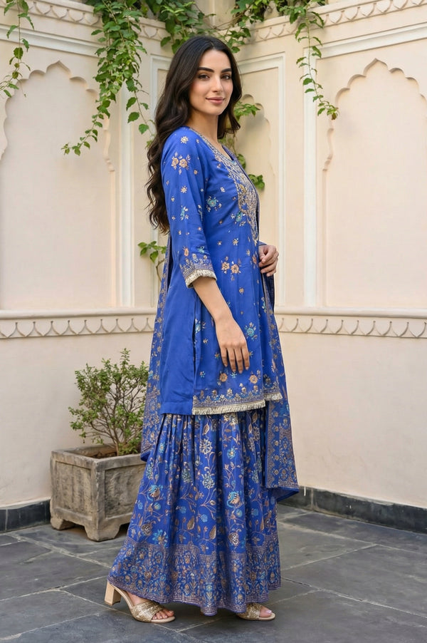 Blue Floral Printed Zari Straight Kurta with Sharara and Dupatta Set