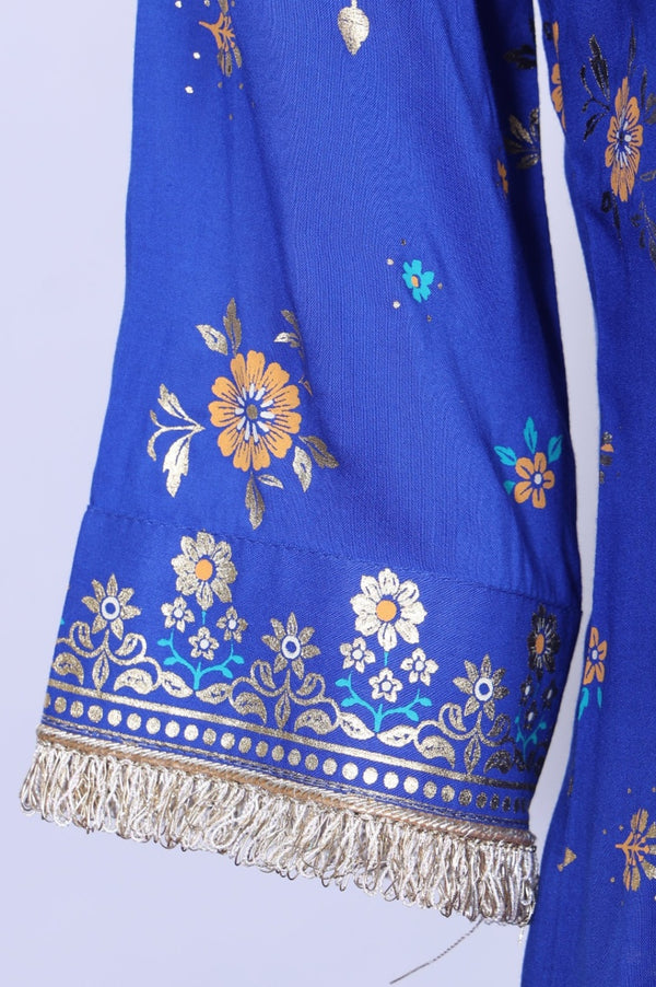 Blue Floral Printed Zari Straight Kurta with Sharara and Dupatta Set