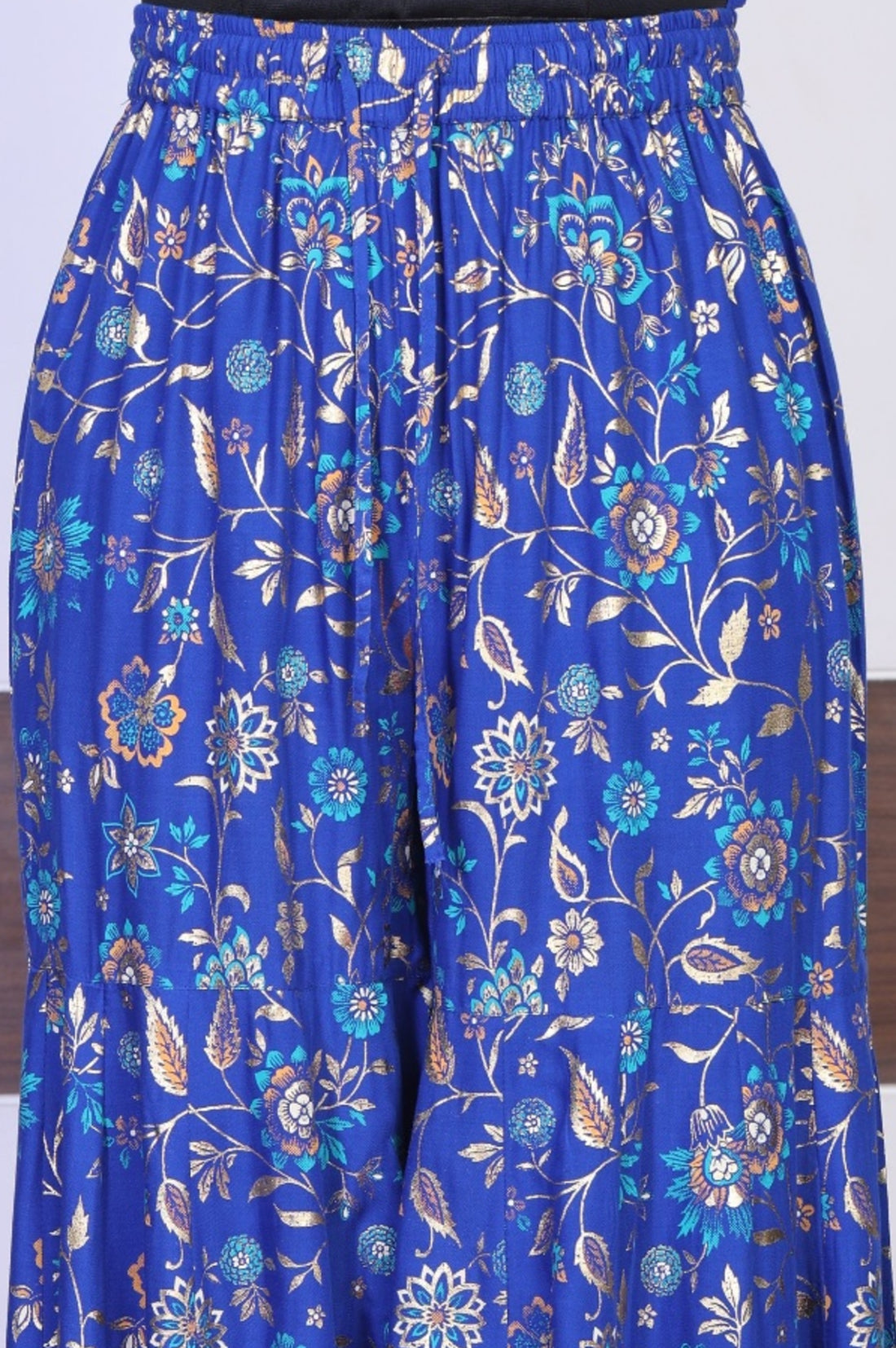 Blue Floral Printed Zari Straight Kurta with Sharara and Dupatta Set