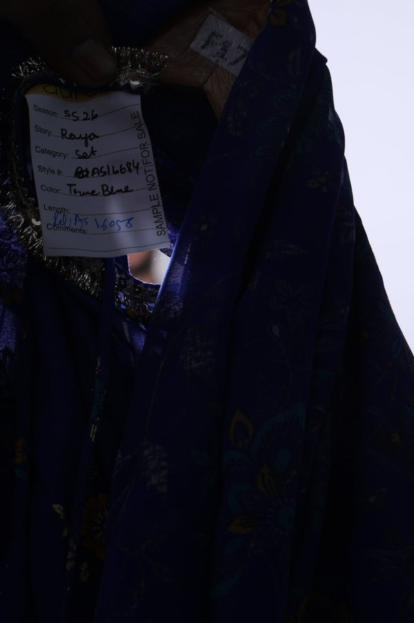 Blue Floral Printed Zari Straight Kurta with Sharara and Dupatta Set