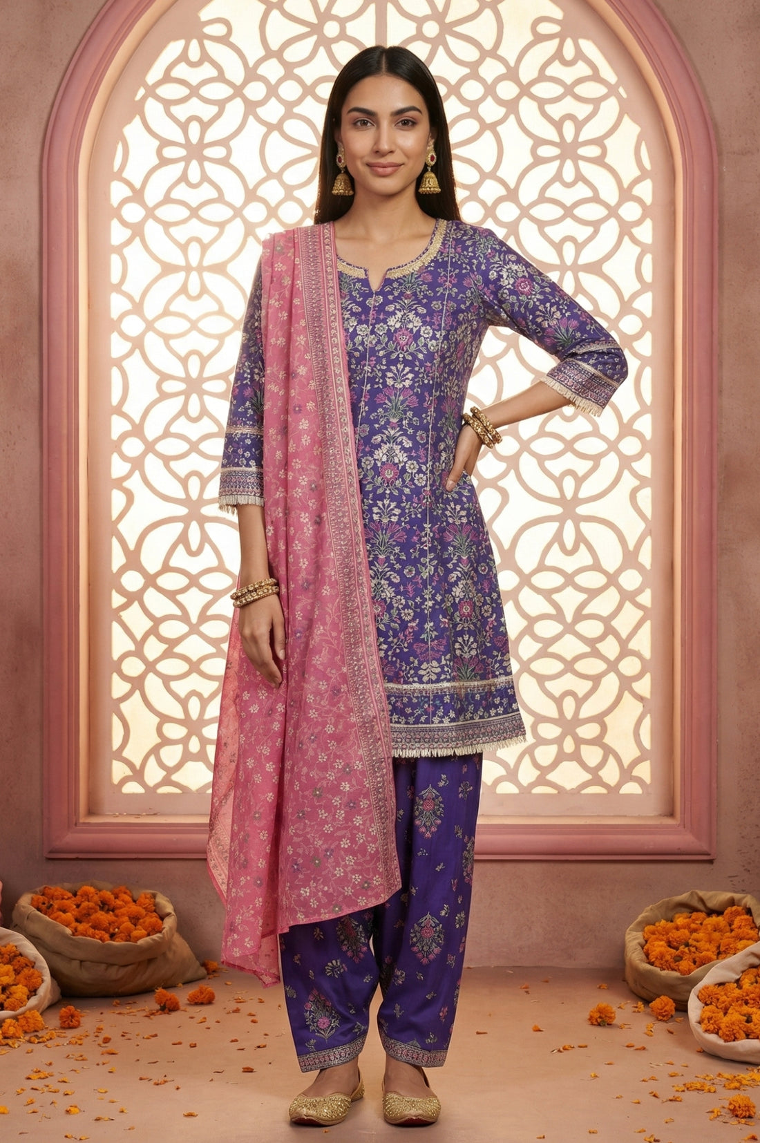 Purple Floral Printed Rayon Straight Kurta with  and Dupatta Set