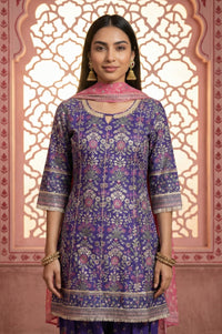 Purple Floral Printed Rayon Straight Kurta with  and Dupatta Set