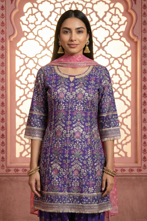 Purple Floral Printed Rayon Straight Kurta with  and Dupatta Set