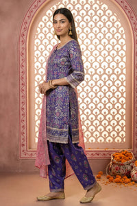 Purple Floral Printed Rayon Straight Kurta with  and Dupatta Set