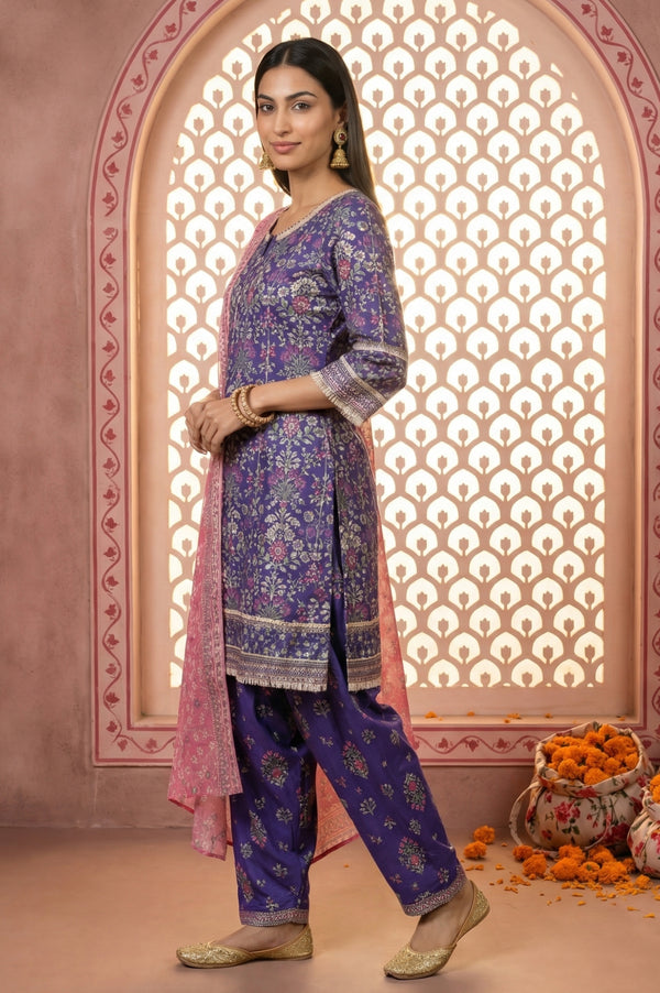 Purple Floral Printed Rayon Straight Kurta with  and Dupatta Set