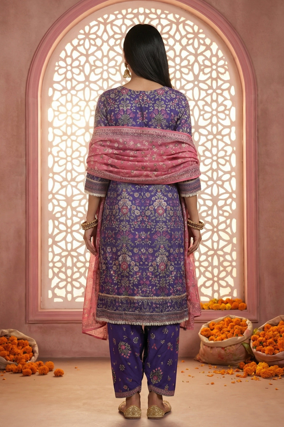 Purple Floral Printed Rayon Straight Kurta with  and Dupatta Set