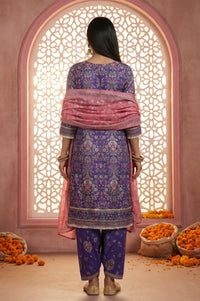 Purple Floral Printed Rayon Straight Kurta with  and Dupatta Set