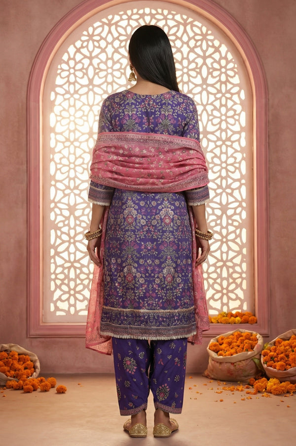Purple Floral Printed Rayon Straight Kurta with  and Dupatta Set