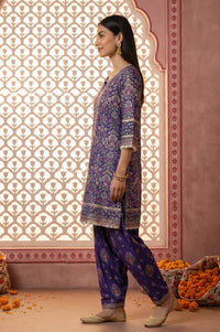 Purple Floral Printed Rayon Straight Kurta with  and Dupatta Set