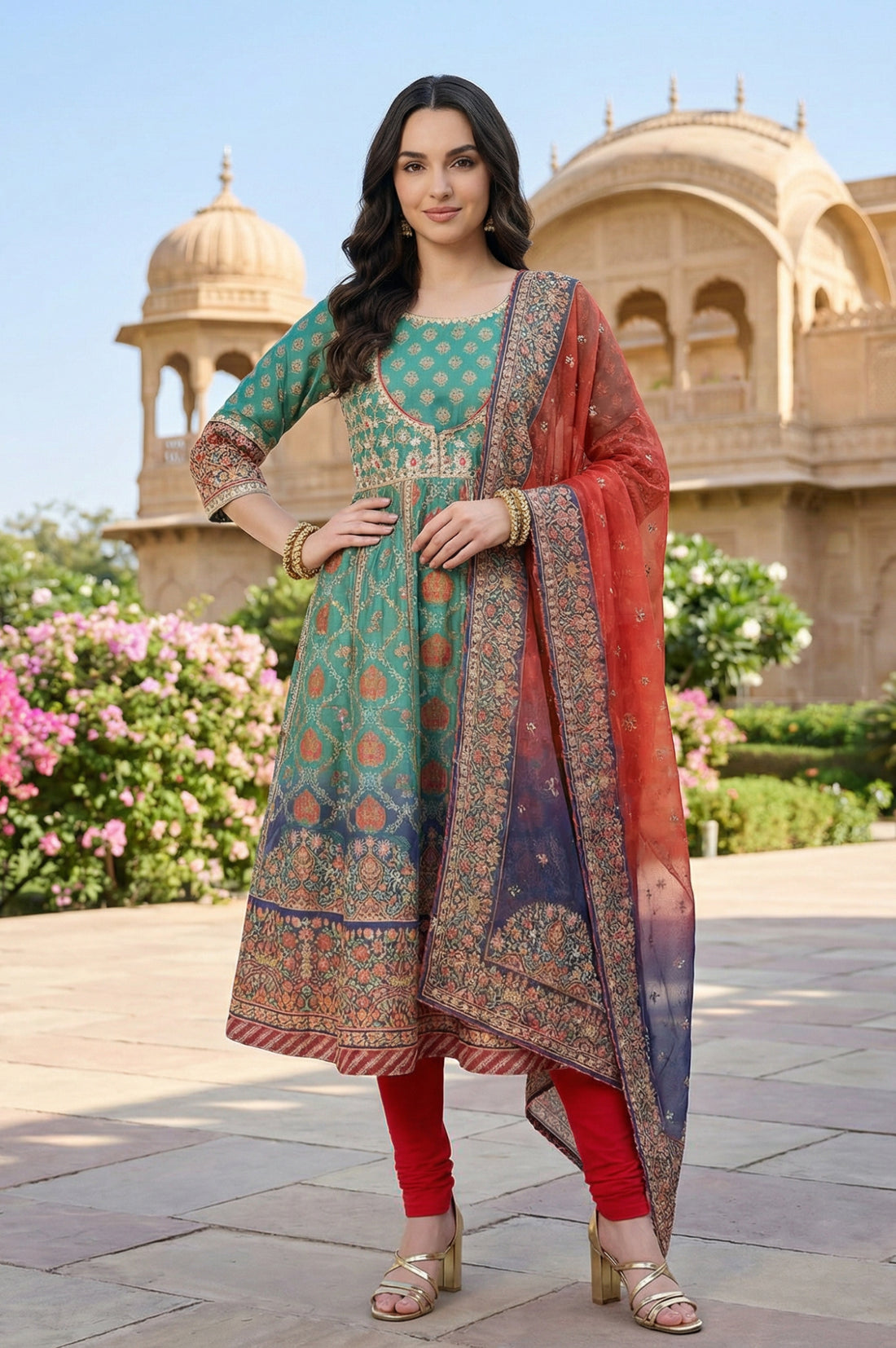 Green Sequins Floral Printed Shantung Anarkali Kurta with Leggings and Dupatta Set