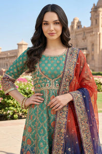 Green Sequins Floral Printed Shantung Anarkali Kurta with Leggings and Dupatta Set