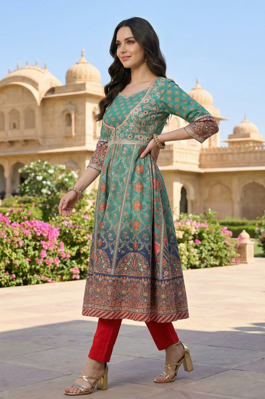 Green Sequins Floral Printed Shantung Anarkali Kurta with Leggings and Dupatta Set
