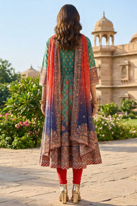 Green Sequins Floral Printed Shantung Anarkali Kurta with Leggings and Dupatta Set