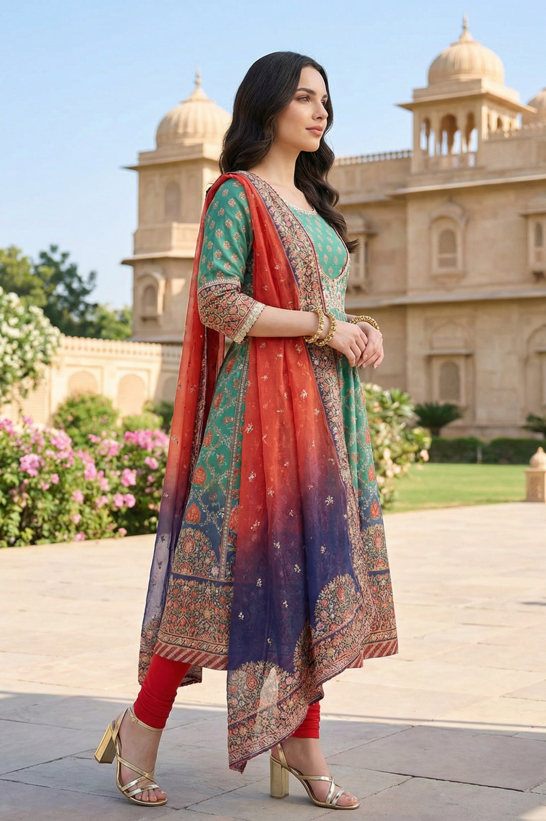 Green Sequins Floral Printed Shantung Anarkali Kurta with Leggings and Dupatta Set