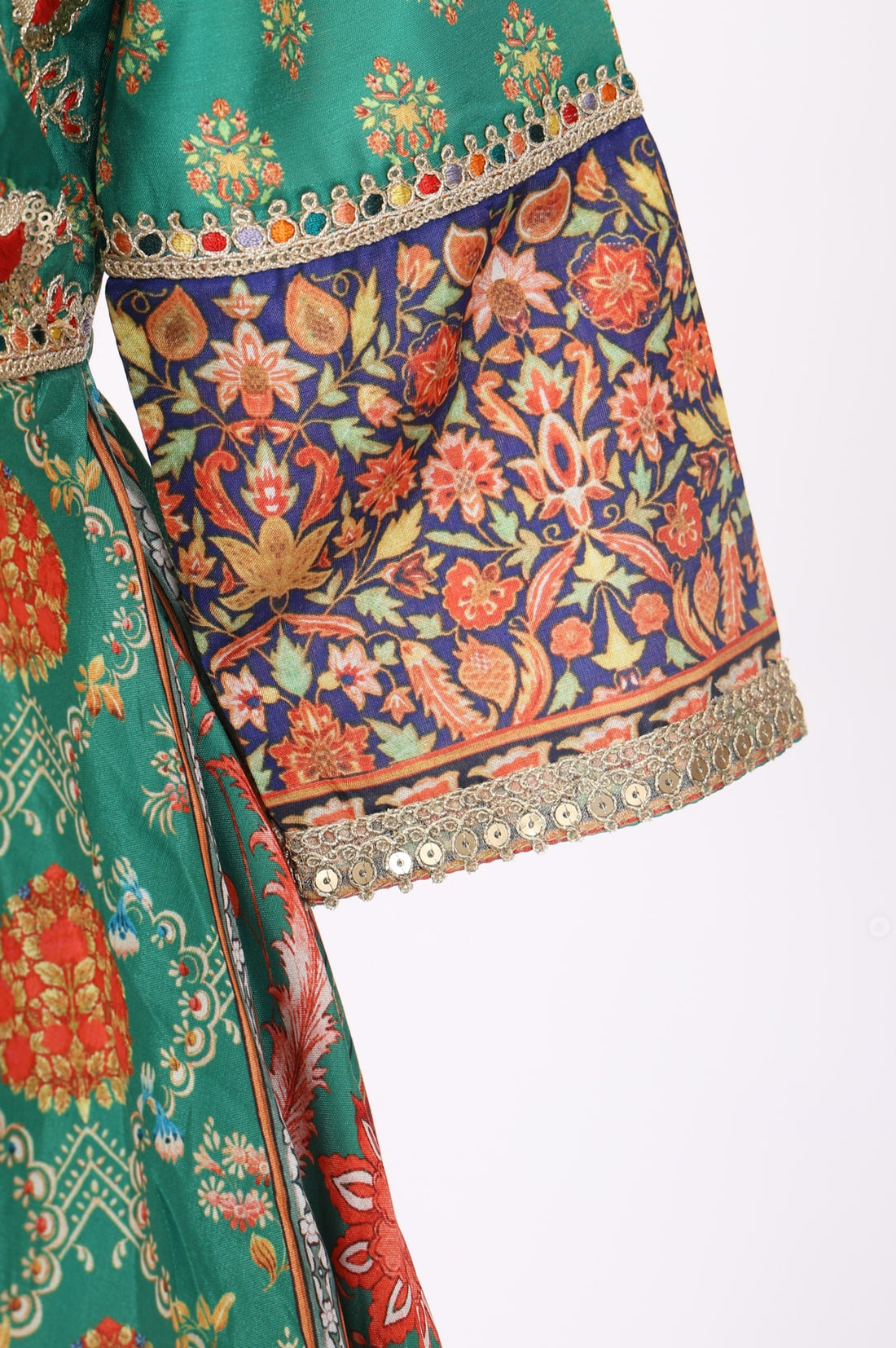 Green Sequins Floral Printed Shantung Anarkali Kurta with Leggings and Dupatta Set