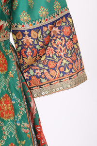 Green Sequins Floral Printed Shantung Anarkali Kurta with Leggings and Dupatta Set
