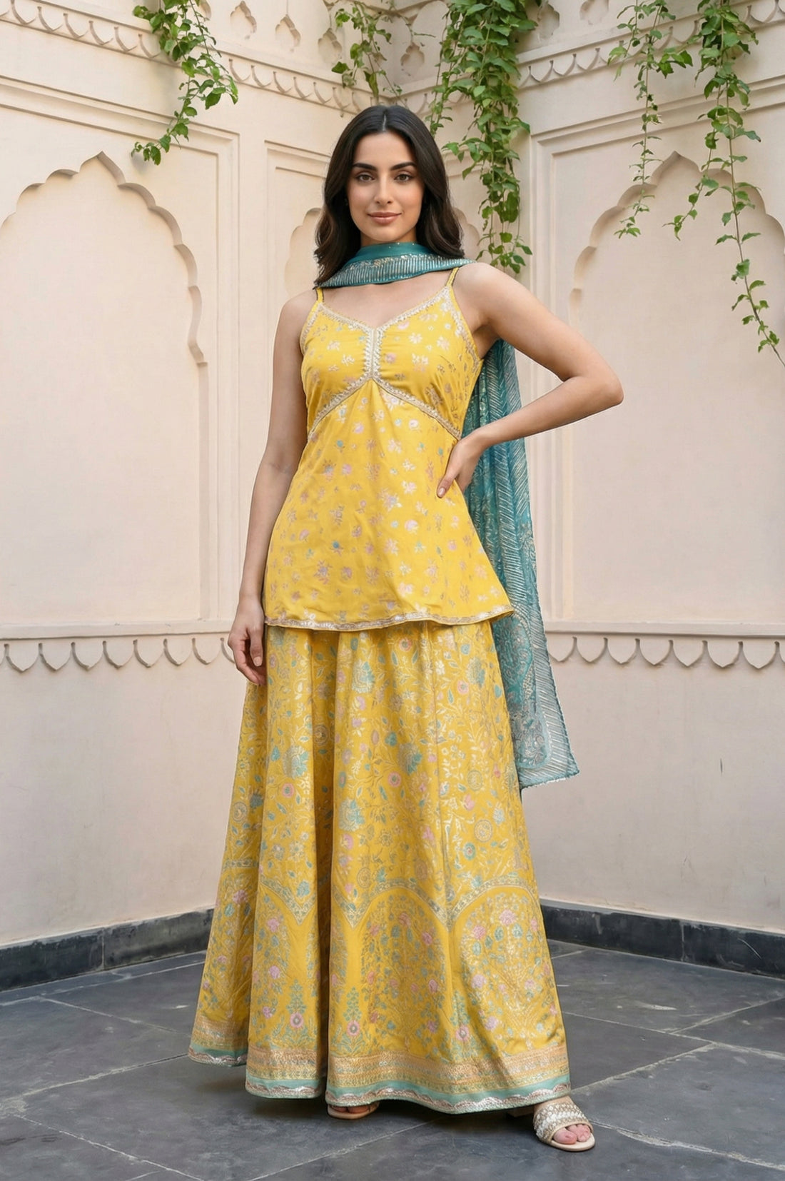 Yellow Floral Printed Sequins Straight Crop Top with Skirt and Dupatta Set