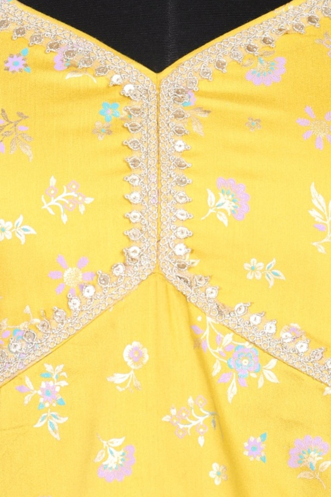 Yellow Floral Printed Sequins Straight Crop Top with Skirt and Dupatta Set