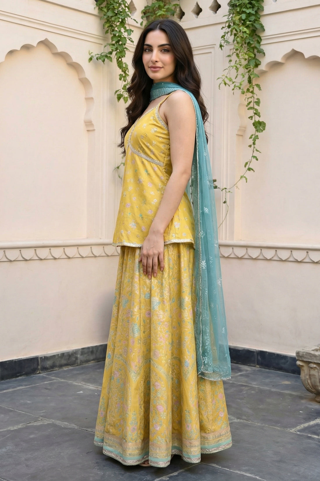 Yellow Floral Printed Sequins Straight Crop Top with Skirt and Dupatta Set