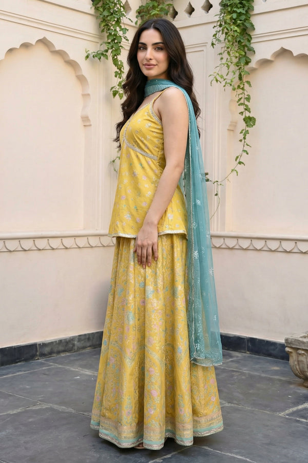 Yellow Floral Printed Sequins Straight Crop Top with Skirt and Dupatta Set