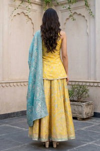 Yellow Floral Printed Sequins Straight Crop Top with Skirt and Dupatta Set
