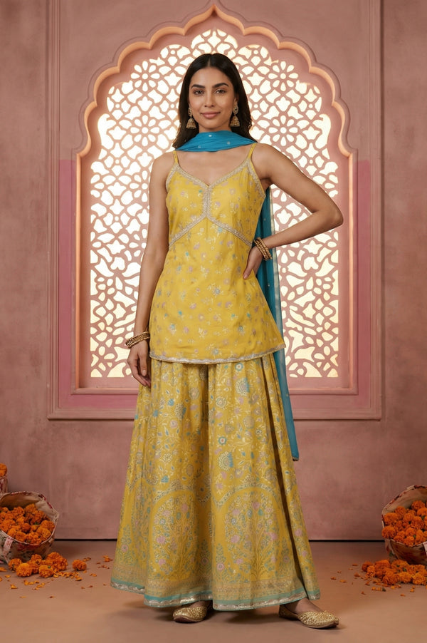 Yellow Floral Printed Sequins Spaghetti Strap Short Top and Lehenga Set with Dupatta