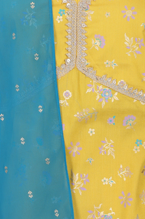 Yellow Floral Printed Sequins Spaghetti Strap Short Top and Lehenga Set with Dupatta