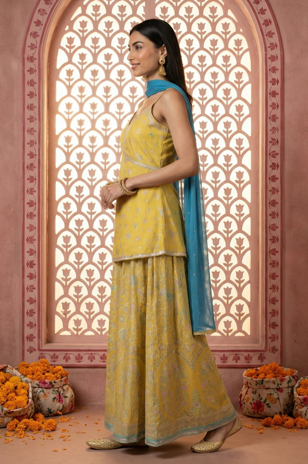 Yellow Floral Printed Sequins Spaghetti Strap Short Top and Lehenga Set with Dupatta