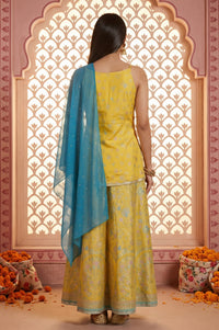 Yellow Floral Printed Sequins Spaghetti Strap Short Top and Lehenga Set with Dupatta