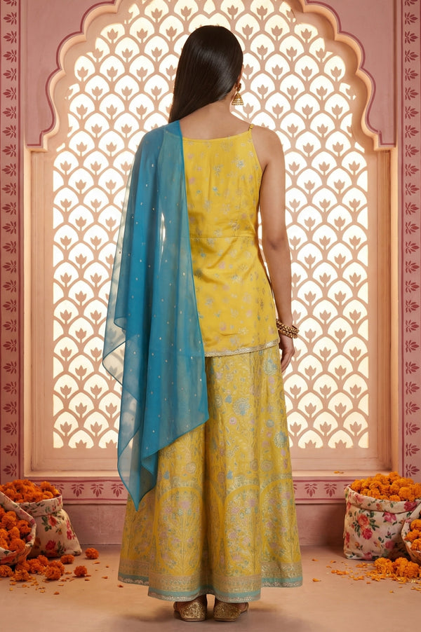 Yellow Floral Printed Sequins Spaghetti Strap Short Top and Lehenga Set with Dupatta