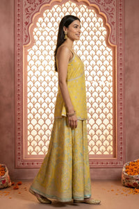 Yellow Floral Printed Sequins Spaghetti Strap Short Top and Lehenga Set with Dupatta